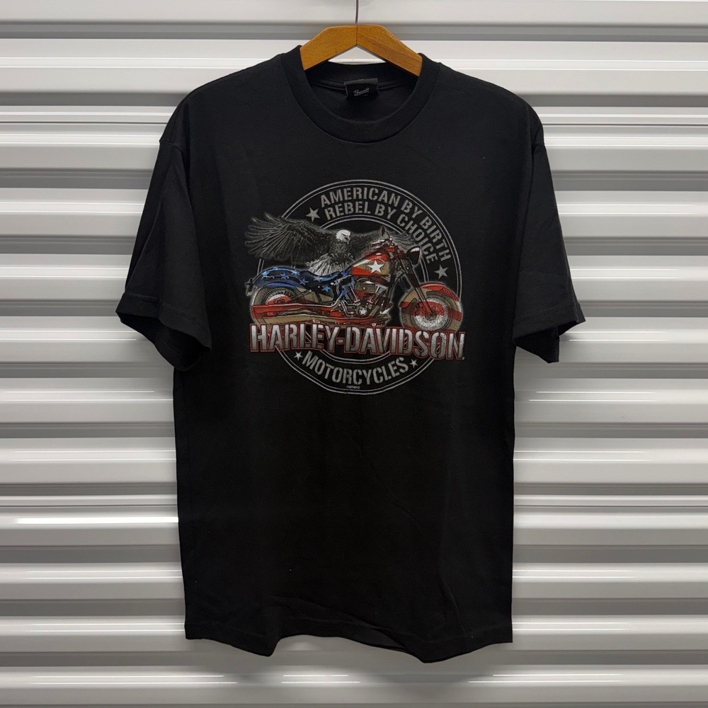 Vintage Harley Davidson Eagle Bike American Flag Black Mens Large Shirt